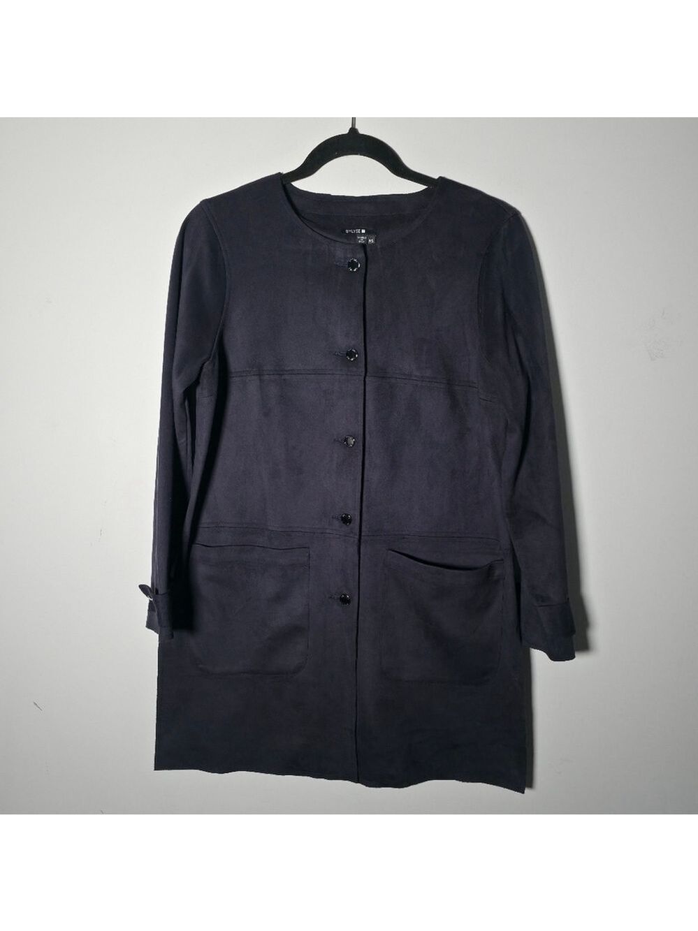 Bylyse Longline Faux Suede Jacket Navy Button Front Pockets Small - Picture 2 of 12